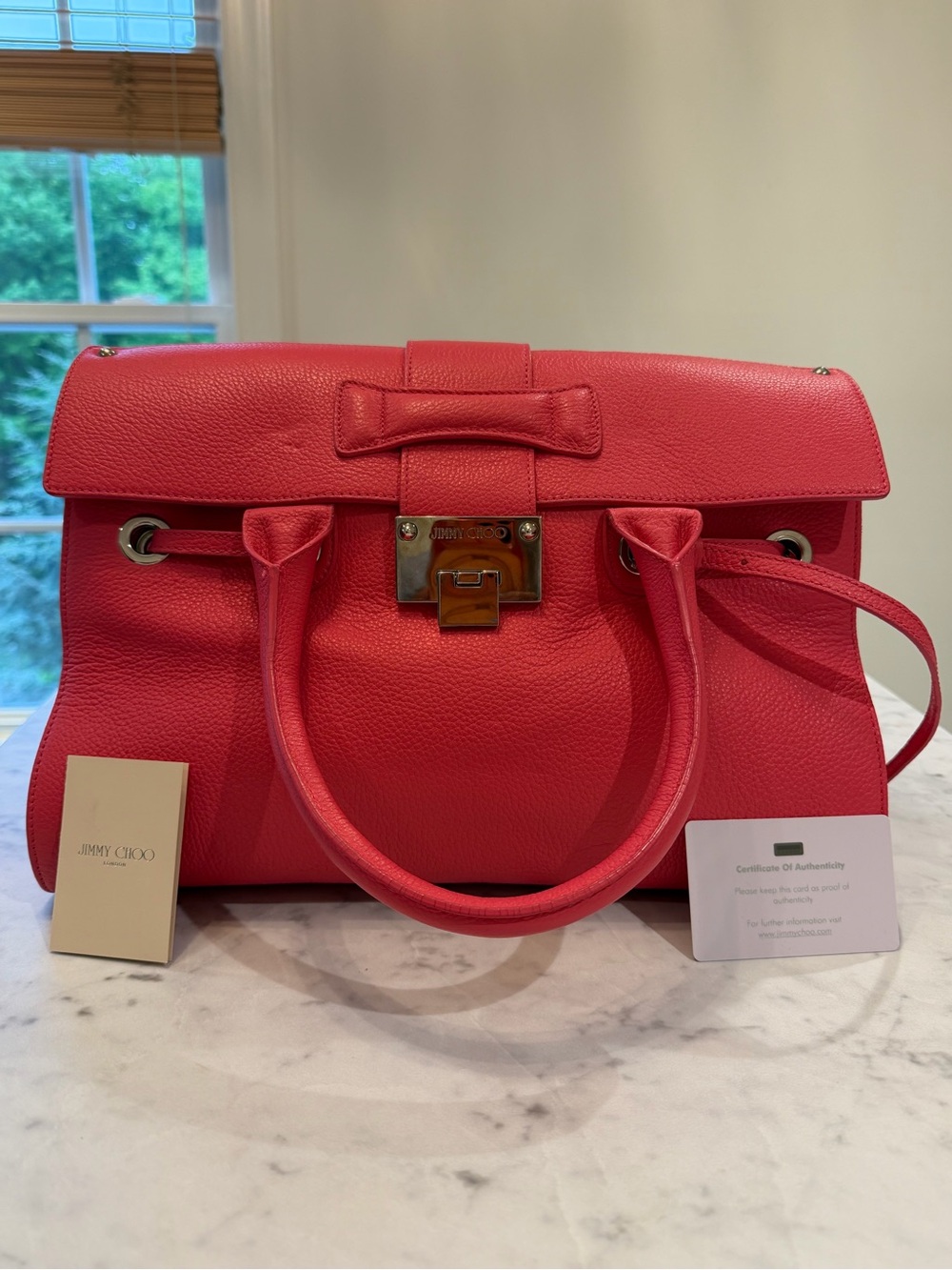 Jimmy Choo Coral Pink Pebbled Leather Top-Handle Satchel